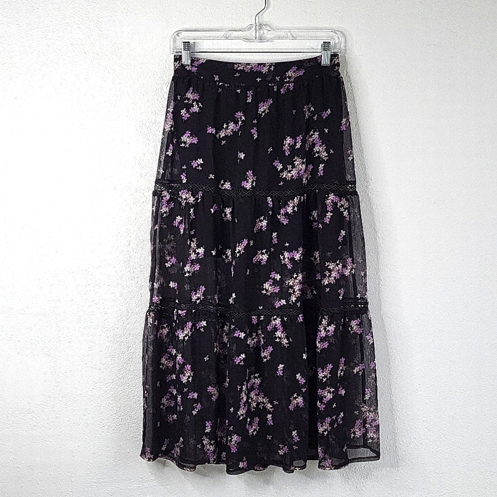 EXPRESS XS/S Black Purple Gray Floral Chiffon Midi Skirt